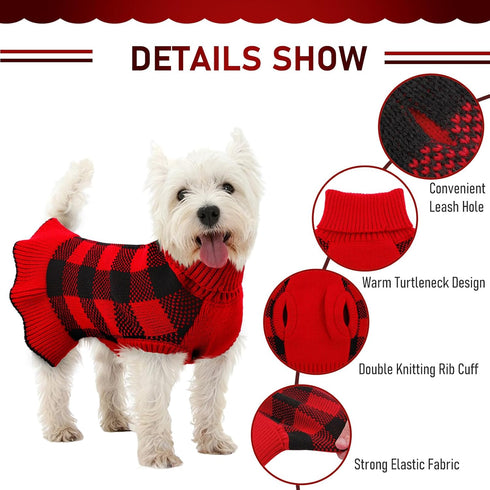 Dog Sweater Dress Plaid Knitwear for Small Medium Dogs Warm Puppy Pet Turtleneck Stretch Pullover Cute Fall Winter Vest Clothes with Leash Hole fo...