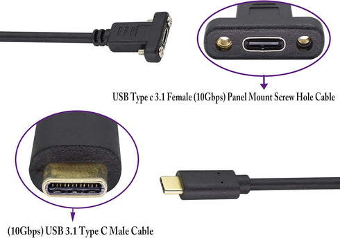 USB Type C 3.1Panel Mount Adapter Cable USB-C 3.1 Gen2 10Gbps Male to USB C Female Panel Mount Screw Cable,Supports Charging,Data,Audio,Video Cabl...