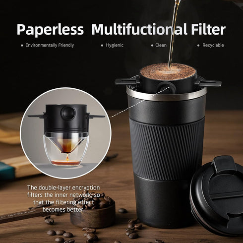 Portable Pour Over Coffee Travel Mug with Reusable Filter, 13oz Stainless Steel Vacuum Thermal Cup, Drip Coffee Tea Cup Maker Set for Camping Trip...
