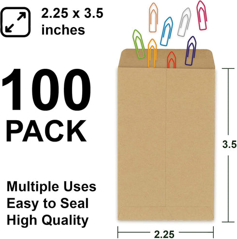 Coin Envelopes, 100 Pack Kraft Seed Envelopes, Small Parts Envelopes with Gummed Seal, 2.25 x 3.5 Inches...