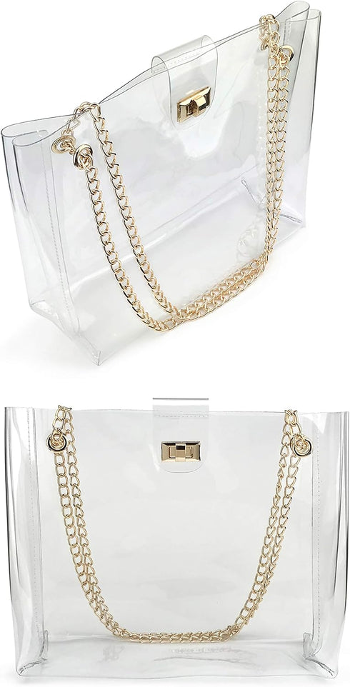 Multifunction Clear Chain Tote with Turn Lock Womens Shoulder Handbag...