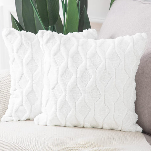 MADIZZ Set of 2 Soft Plush Short Wool Velvet Decorative Throw Pillow Covers 22x22 inch White Square Luxury Style Cushion Cases Pillow Shell for So...