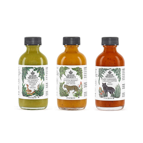 Queen Majesty 2OZ HOT SAUCE SAMPLER, Mini 2 oz - Jalapeño, Scotch Bonnet, Red Habanero/Award Winning Sauces - All Natural, Kosher, Vegan, Gluten F...