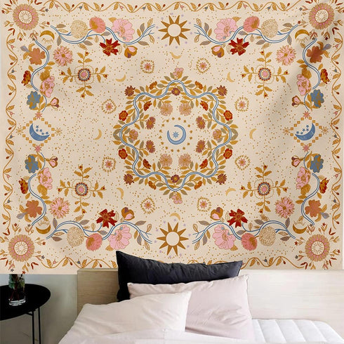 TTYQXZ Wall Tapestry Bohemian - Floral Vine Wall Hanging Celestial Sun Moon and Star Tapestries Hippie Home Decor Boho for Bedroom Aesthetic (Crea...