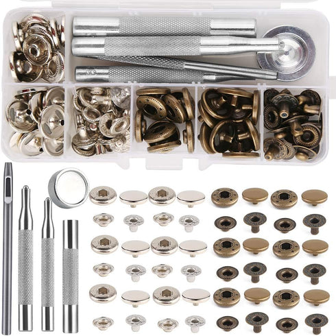 Leather Snap Fasteners Kit, Press Stud Stainless Steel Buttons for Marine Boat Canvas with Punching Tool Set Tool Kit (2 Components, 40 Pcs for Ea...