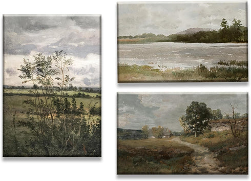 Field Landscape 3 Pieces Split Print Wall Art, Vintage Printed Country Landscape Painting, Oil Painting Mural Art, Nature Landscape Wall Art Print...