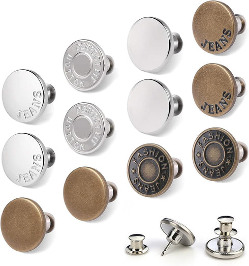 MUNAN 12 Sets Button Pins for Loose Jeans, No Sew No Tools Required Replacement Snap Buttons, Reusable and Removable Waist Adjustable Metal Pants ...