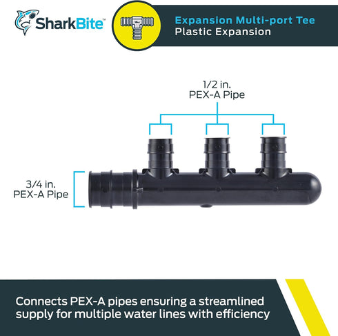 SharkBite 3 Port PEX Expansion Poly Tee, 3/4 Inch Closed Trunk with 1/2 Inch Outlet, Multi Line Water Manifold Plumbing Fittings for PEX-A Tubing,...