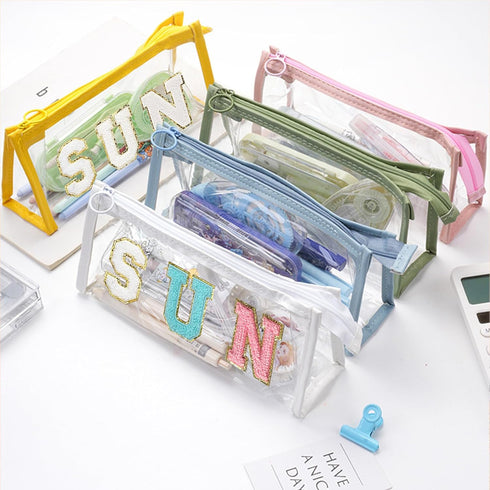Stanaway Clear Pencil Bag Preppy- Chenille Varsity letter Cosmetic Bag Classy Waterproof Portable Transparent PVC Zipper Clutch Bag Pencil Bag for...
