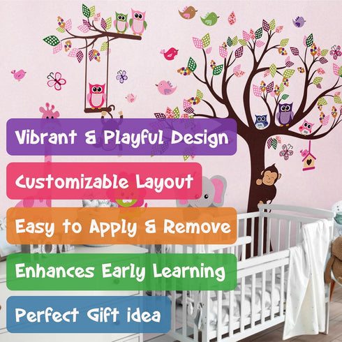 DEKOSH Pink Jungle Baby Nursery Wall Decal Peel & Stick Colorful Owl Giraffe Lion Animal Wall Stickers for Kids Room...
