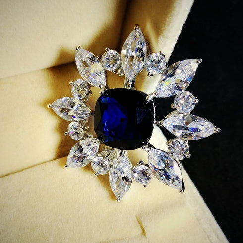 Victorian Vintage Opens Royal Blue Square Stone Domed Burst Flower Brooch Pin Elegant Jewelry...