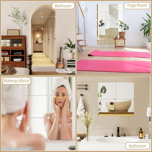 JUNEBRUSHS 4 Pack Self Adhesive Acrylic Mirror, 8 x 8 Inch Mirror Tiles,Flexible Plastic Mirror Sheets Wall Stickers,2MM Thick Mirrors...