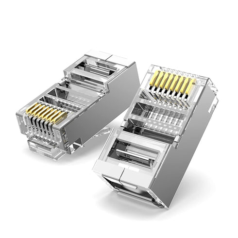 Shielded RJ45 Cat5 Cat6 Pass Through Connectors - 3 Prong 8P8C Gold Plated Pass-Thru Modular Data Plug for FTP/STP Network Cable & Solid Wire 20Pa...