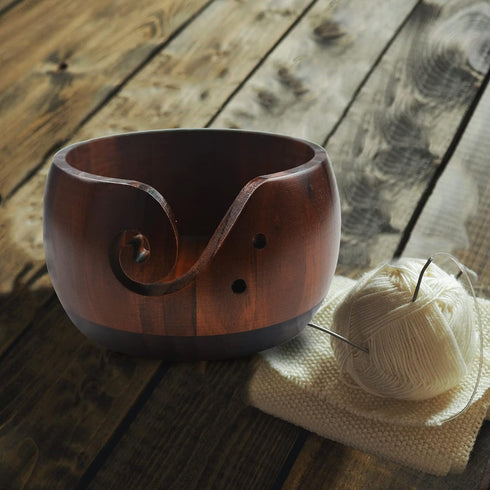 Joyeee Handmade Yarn Bowl, 6'' Crafted Wooden Yarn Storage Bowl with Carved Holes & Drills Holes Crocheting Knitting Bowl Yarn Holder Gift for Kni...