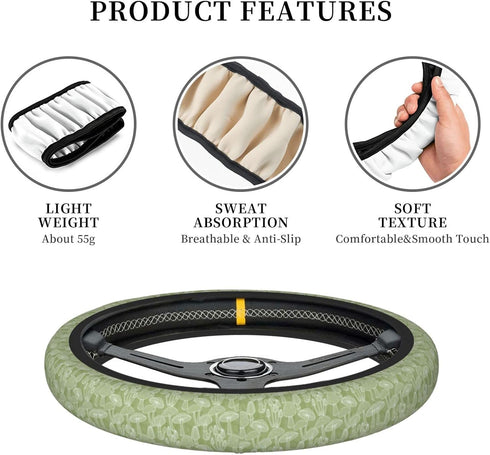 Cute Steering Wheel Cover for Women Girls, Mushrooms Olive Green Steering Wheel Cover with 4 Pieces Cute Flowers Car Air Vent Clips, Car Decoratio...