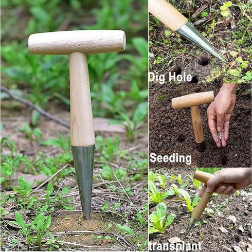 Hand Dibber Stainless Steel Sow Dibbler with Wooden Handle Garden Hole Punch Dibbler Tool for Planting Flowers Tulips, Transplanting Plants,Transp...