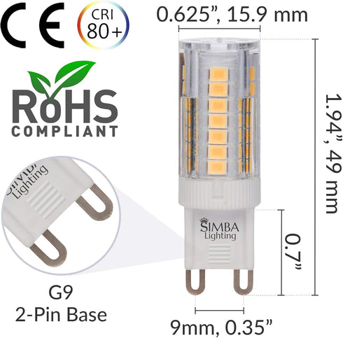 Simba Lighting G9 LED Light Bulb (5 Pack) 4W T4 40W Halogen Replacement for Pendants, Ceiling Lights, Desk Lamp, Wall Sconce, 120V JCD Bi-Pin Base...