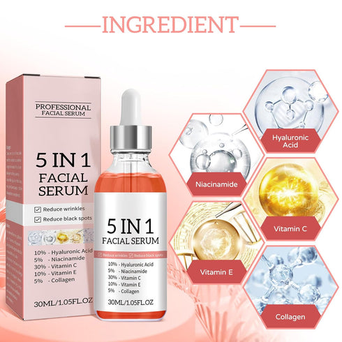 30% Vitamin C Face Serum, Niacinamide and Hyaluronic Acid Serum, 5 in 1 Vitamin E Serum for Face Anti Aging, Hydrating Collagen Face Serum for Wom...