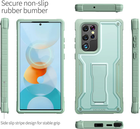 ExoGuard for Samsung Galaxy S22 Ultra Case, Rubber Shockproof Heavy Duty Case Built-in Kickstand (Green)...