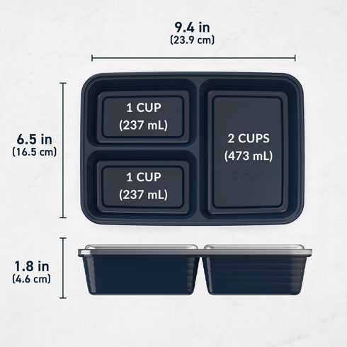 Bentgo 20-Piece Lightweight, Durable, Reusable BPA-Free 3-Compartment Containers - Microwave, Freezer, Dishwasher Safe - Navy Blue...