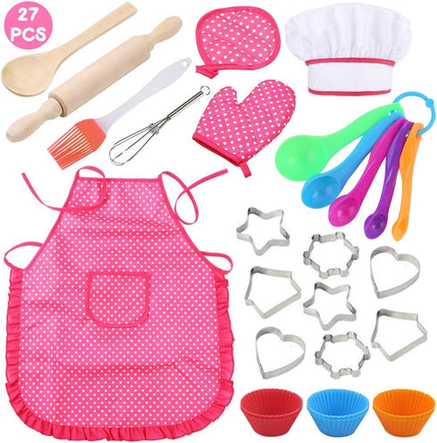 3 otters 27pcs Kids Chef Set, Kids Baking Sets with Apron Chef Hat Chef Costume Dress Up Chef Outfit for 2 3 4 5 6 7 8 Year Old Girls Stocking Stu...