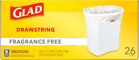 Glad Trash Bags, Medium Drawstring Garbage Bags, 8 Gallon, White, Fragrance Free, 26 Count, Pack May Vary...