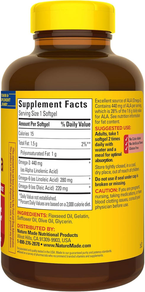 Nature Made Triple Omega 3 6 9, Flaxseed, Safflower, & Olive Oils, Healthy Heart Support, Fish Free Omega 3 Supplement, 150 Softgels, 75 Day Suppl...