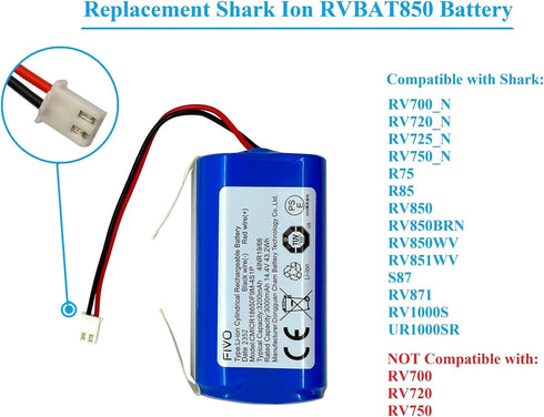 FIVO 3200mAh Replacement RVBAT850 Battery for Shark R75, R85, RV850, RV751, RV761, RV851WV, RV871, RV871C, RV1000S, RV101AE,14.4V/14.8V. (Attentio...
