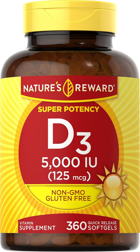 Nature's Reward Vitamin D3-5000 IU - 360 Softgels - Non-GMO & Gluten Free Supplement...