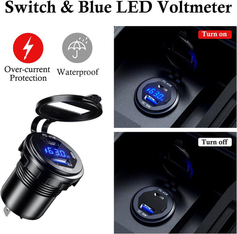 BATIGE PD 45W USB C Quick Charger 18W USB 3.0 Charger Socket Waterproof with Switch LED Voltmeter and Wire Fuse DIY Kit for 12V/24V Car Boat Marin...