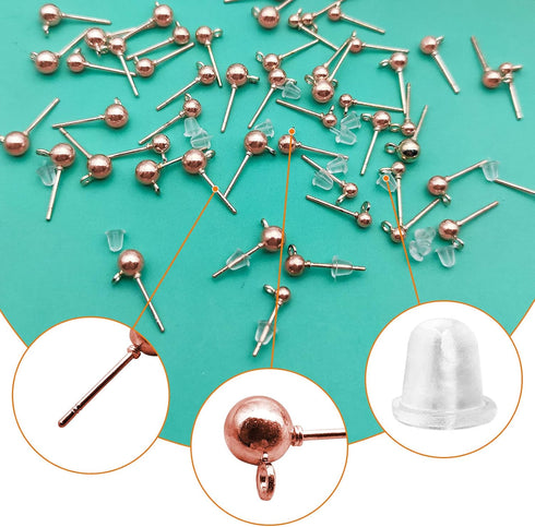 150Pcs Ball Post Earring Studs for Jewelry Making,3 Size Earrings Studs Ball Post Earrings with Loop with 200Pcs Clear Earring Backs Replacements ...