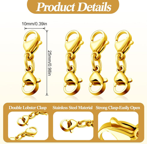 MTLEE Double Lobster Clasp Extender Double Claw Connector Bracelet Extension Clasp Small Bracelet Necklace Shortener for DIY Jewelry Making(Gold)...