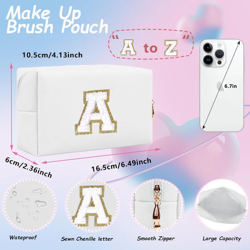 Initial Cosmetic Bag for women,2PCS Personalized Makeup Bag Small Cute PU Leather Chenille Letter Toiletry Bag,Makeup Brushes Aesthetic Accessorie...
