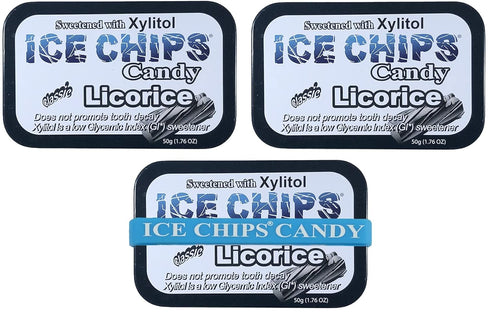 ICE CHIPS Xylitol Candy Tins 5.28 oz total (Licorice, 3 Pack) - Includes BAND as shown...