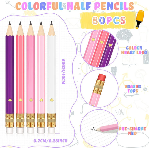 80 Pcs Mini Pencils with Eraser Golf Pencils 2 HB Half Pencils 4 Inch Half Pencils Hexagon Pre-sharpened Color Pencils for Bridal Wedding Classroo...