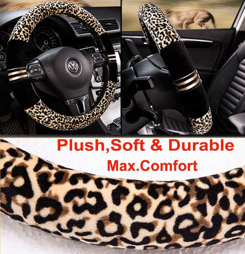Plush Cheetah Car Steering Wheel Cover Luxurious Leopard Print Universal Fit for Car SUV Warm Soft Anti-Slip (Black Yellow)...