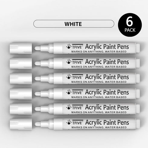 White Acrylic Paint Marker Pens - 2-3mm Medium Tip, 6 Pack Permanent White Water Based Paint Pen for DIY Projects, Paintings for Rock, Fabric, Woo...