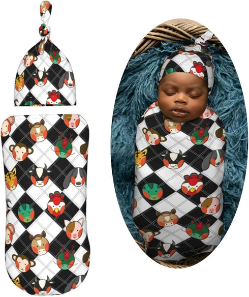 Chinese Zodiac Newborn Swaddle Blanket with Beanie Set Soft Baby Sleep Sack Stretch Adjustable Swaddle Wraps Receiving Blankets...
