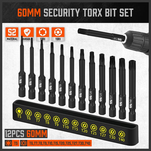 HORUSDY 24-Piece Tamper Resistant Star Bits, S2 Alloy Steel, 1" and 2.3" Long T5 - T40 Security Torx Bit Set....