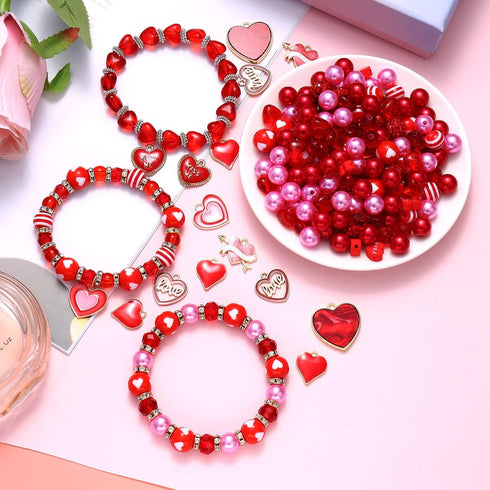 Urwomin 249 Pieces Valentine's Day Beads Jewelry Making for Necklace Bracelet Love Heart Charms Rhinestone Red Beads Assortments for Women Girls D...
