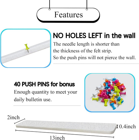 Felt Pin Boards Bar Strips for Walls Bulletin Board Removable with 24 Command Strips Memo Notice Boards as Classroom Office Decor, 4 Pack, 40 Push...
