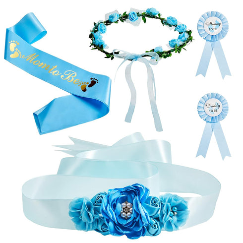 Xinnun 5 Pcs Baby Shower Maternity Sash Kit Shoulder Sash and Pin Daddy Corsages Flower Crown Pregnancy Sash Rose Wreath Headdress for Baby Shower...