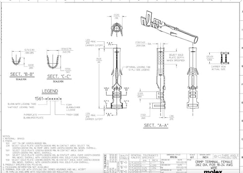 Molex (9-Circuits) Male & Female Receptacle Plug, w/Terminal sockets w/18-24 AWG Standard .062" Pins, Pitch 3.68mm...