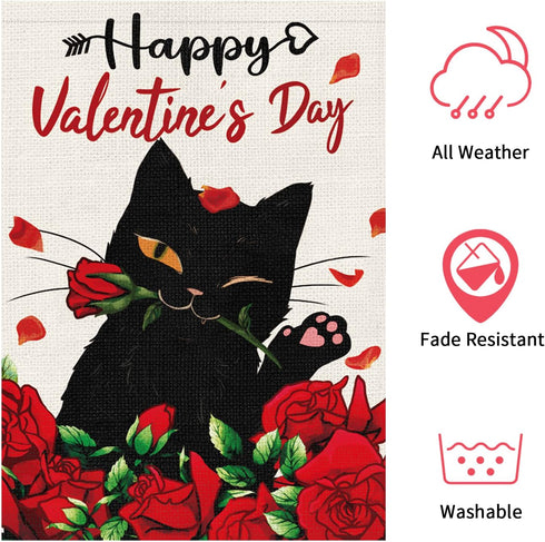Happy Valentine's Day Garden Flag with Black Cat and Rose Floral Pattern Burlap Double Sided Yard Flag 12 x 18 Inch Garden Decoration for Valentin...