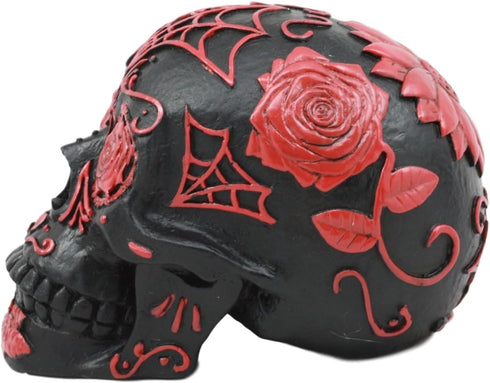 Ebros Day of The Dead Spider Web Floral Red Rose Skull Figurine DOD Floral Black Sugar Skull Statue 5" L...