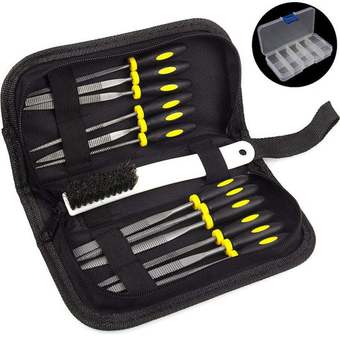 Wood Rasp File Kit - 12 Assorted Small Metal Needle Files Set with Bristle Brush and Hand Strap Carrying Case (Rasps included 2 Sizes of Flat, Poi...