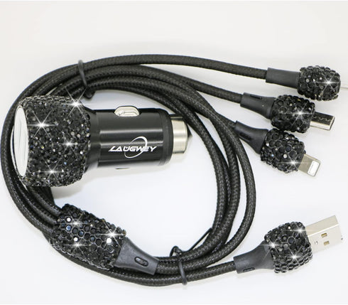 Bling Car Charger Accessories Set,Rhinestone Dual USB Car Chargers + Bling 3 in1 Nylon Braided Charging Cable,Bling Crystal Decoration Car Accesso...