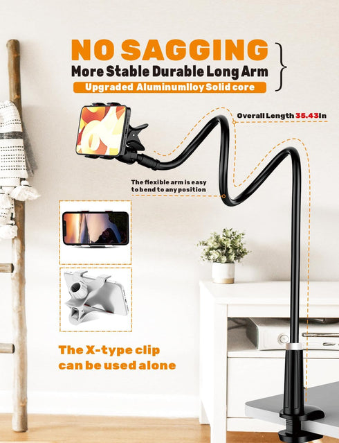 Gooseneck Bed Phone Holder,Lazy Bracket 35.4INCH,Universal Mobile Phone Clip Stand,Flexible Long Arm Phone Mount for Desk,Mobile Cell Phone Stand ...
