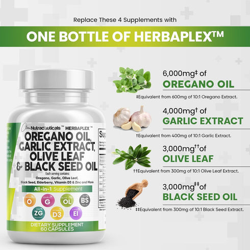Oregano Oil 6000mg Garlic Extract 4000mg Olive Leaf 3000mg Black Seed Oil 3000mg - Immune Support & Digestive Health Supplement for Women and Men ...