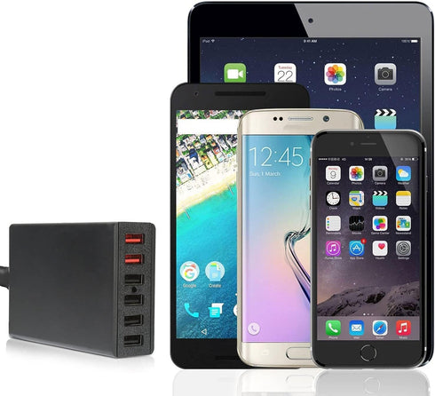 USB Wall Charger DTK 6 Port 60W USB Charger QC3.0 Multi Port Travel Charging Station with 5ft Power Cord for iPhone Xs/Max/XR/X/8/7/Plus, iPad Pro...